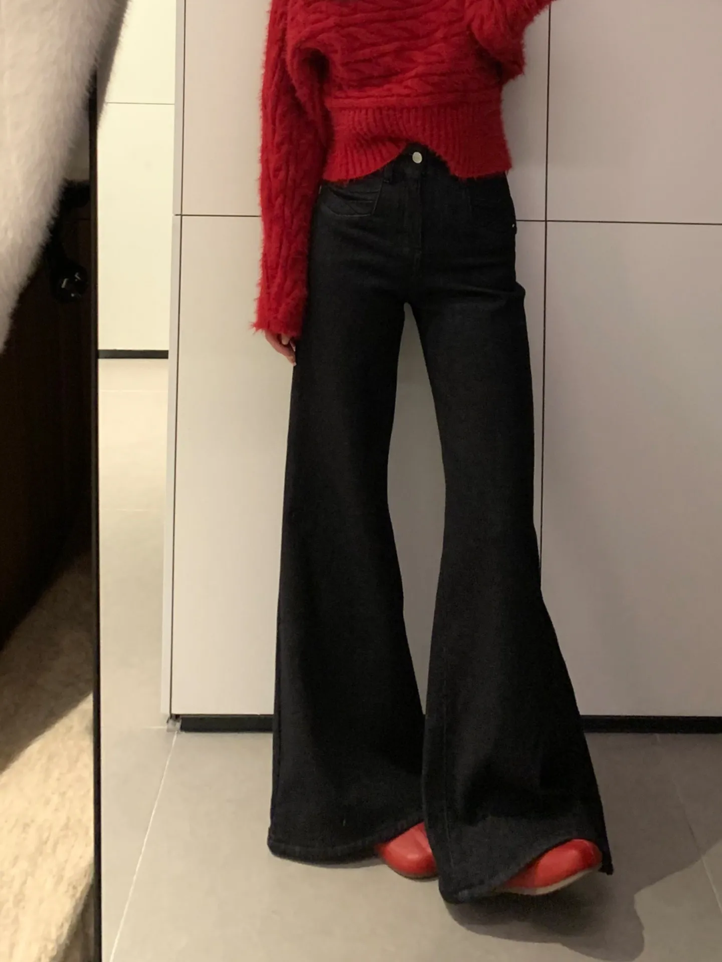 

High Waist Flared Jeans Women's Early Spring New plus Size Fat MM Straight Leg Bootcut Pants Warm Cotton Stretch Denim