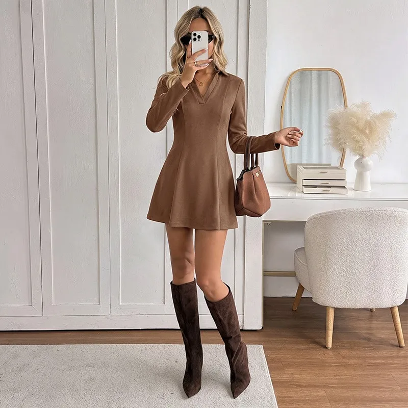 Women's Elegant Retro A-Line Dress for Women with Lapel Collar Long Sleeve Slim Fit Suede Fabric Solid Color High Waist Regular