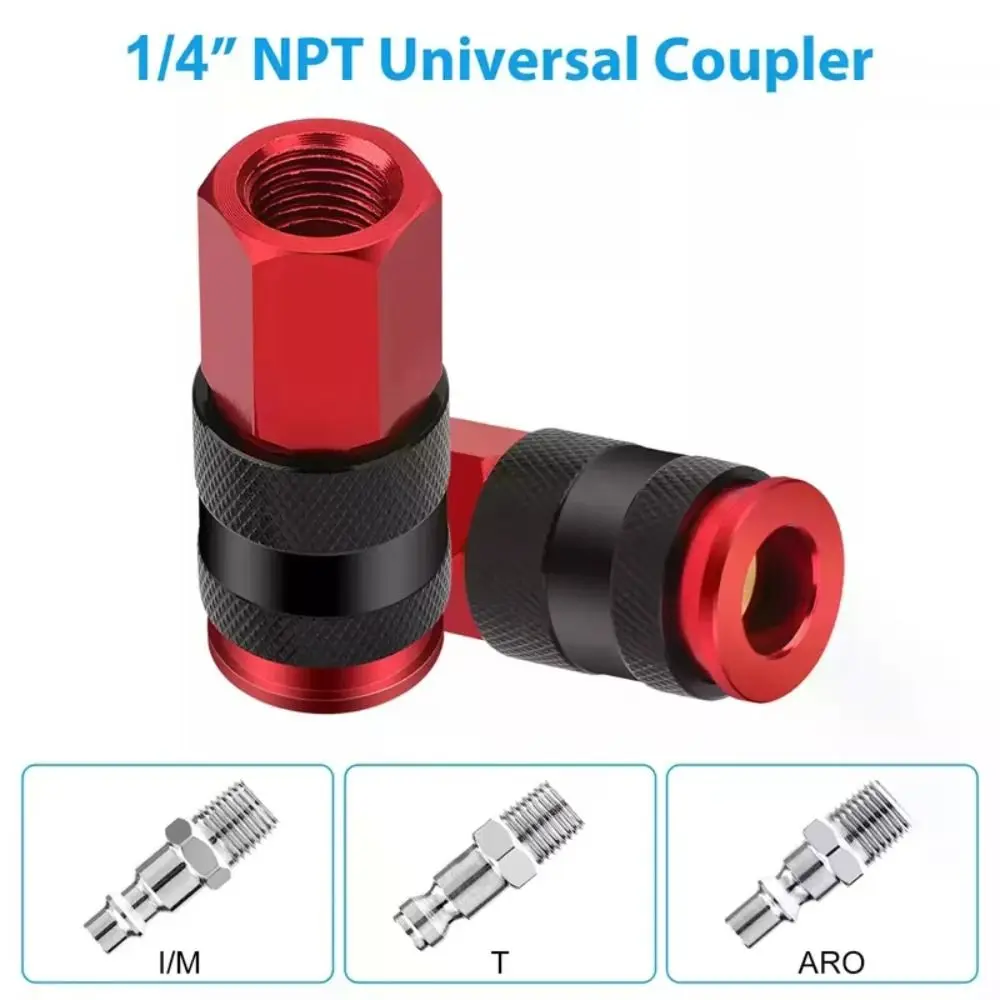 1/4 Inch NPT Thread Air Coupler Plug Kit Red Coating Aluminium Lightweight Quick Connect Connector Set Universal Fitting