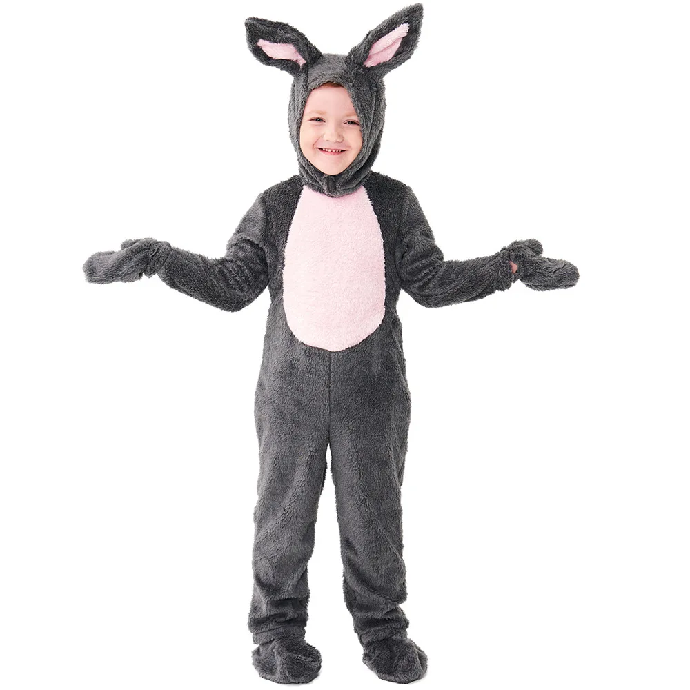 Kid Halloween Cosplay Costume Grey Plush Rabbit Cos Jumpsuit Child Animal Fairy Tale Buuny Cos Pajamas Hat Footwear 3pcs Set