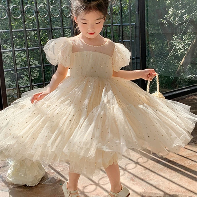 Summer Girl Puff Sleeve Mesh Skirt  Sweet Rainbow Princess Birthday Party Gown Mesh Wedding Children Dresses