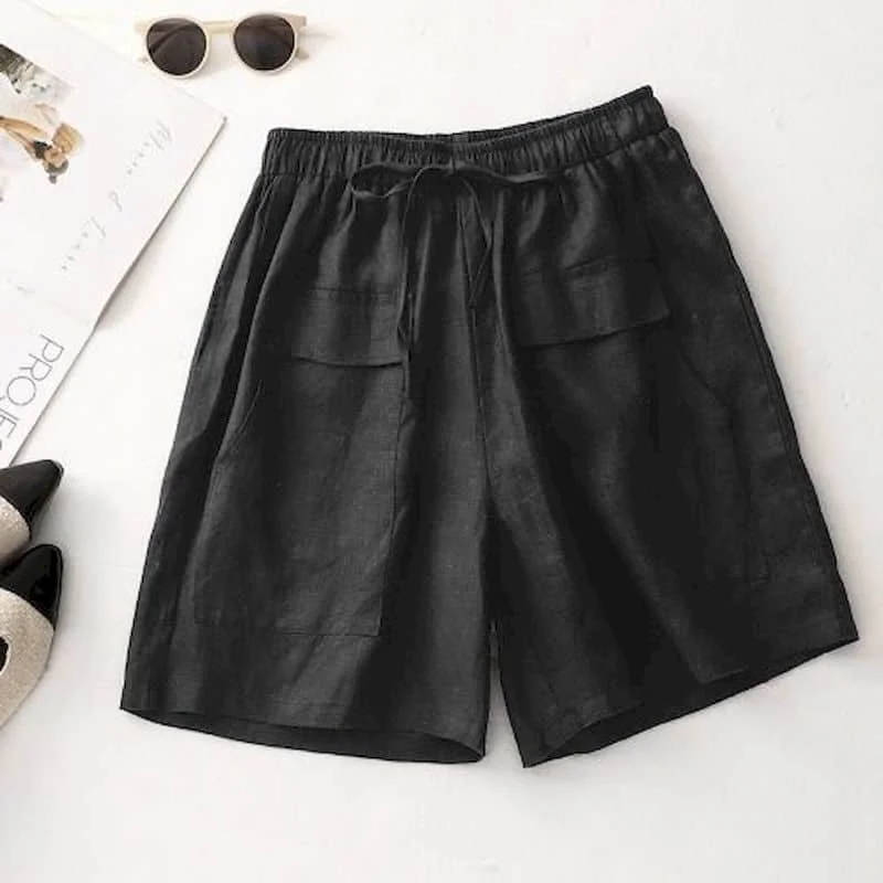 Solid Shorts Women Summer Casual Cotton Linen Straight Short Pants Korean Style Elastic Waist Five-point Trousers Women Clothing