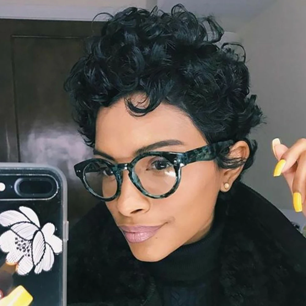 루즈 웨이브 픽시 컷 가발 인모 짧은 곱슬 가발 흑인 여성용 프리플럭 브라질 레미 헤어 풀 머신 메이드 숏 가발