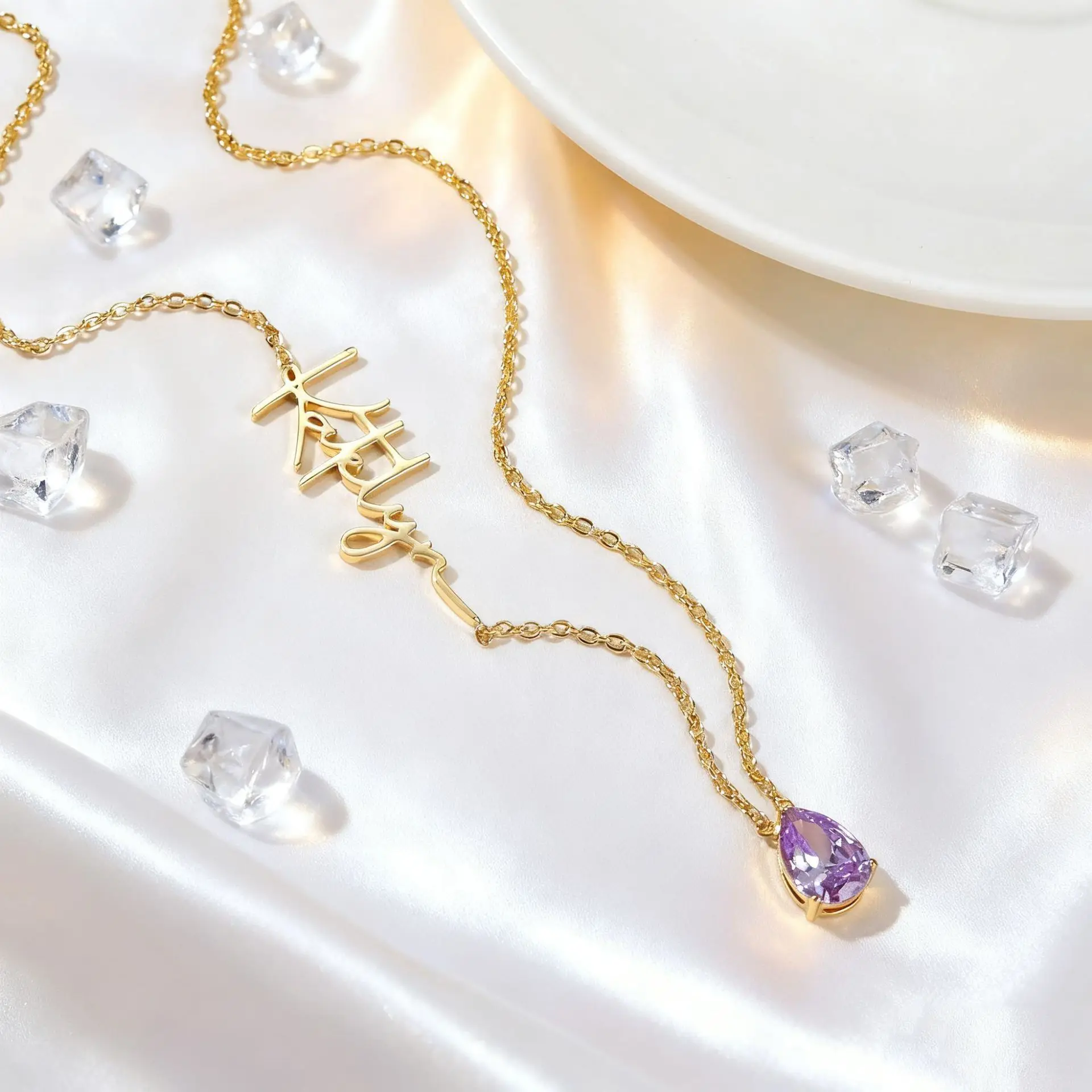 DOREMI Birthstone Custom Vertical Nameplate Teardrop Crystal Custom Script Name Necklace Personalized Birthstone Name Necklace