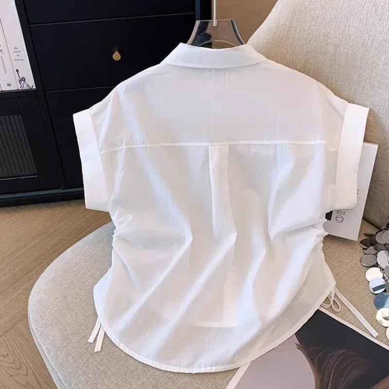 Drawstring Polo Neck Solid Short Shirt Tops Short Sleeve Irregular Youth Fashion Blouse Summer New Casual Korean Women Clothing