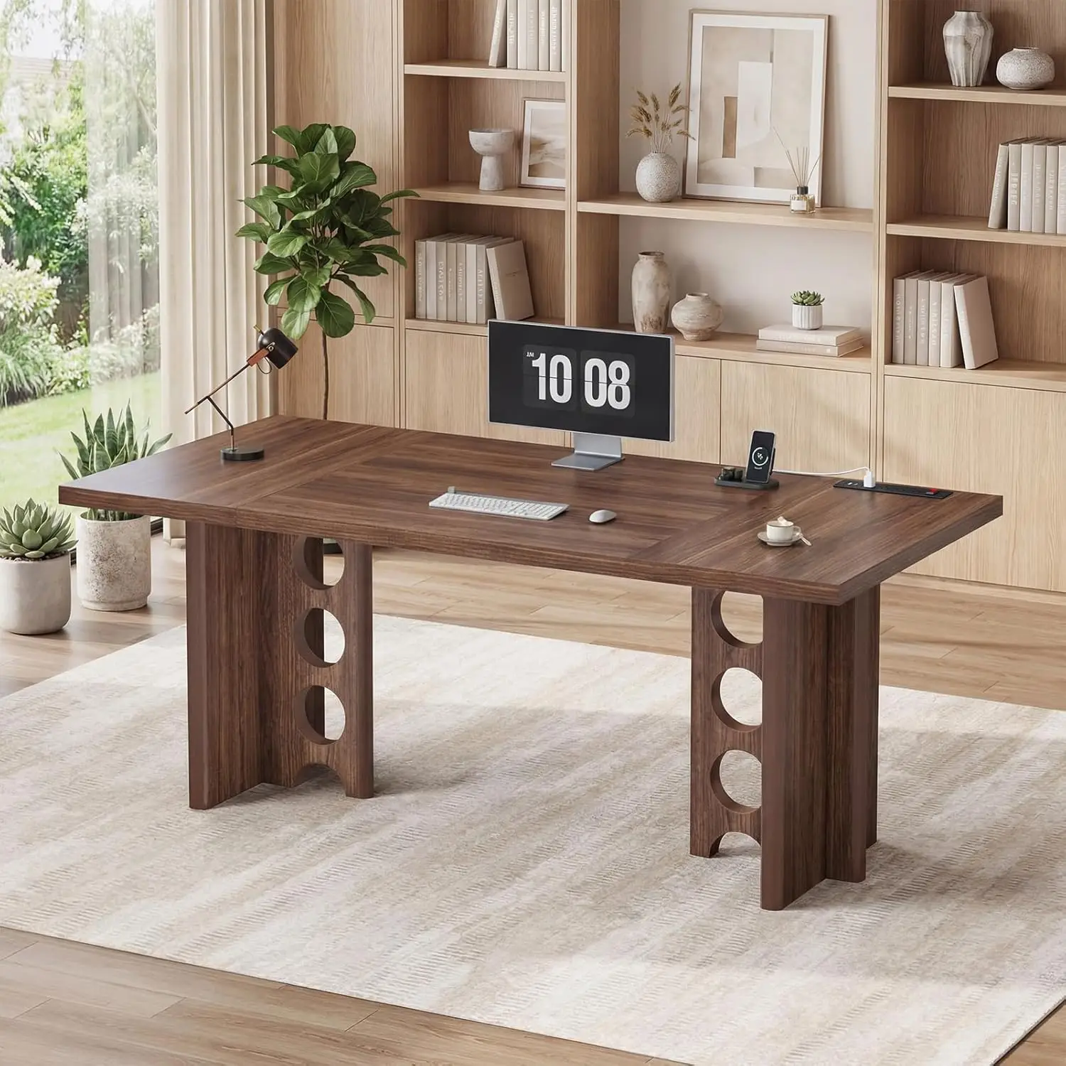 

63 Inch Executive Desk With Power Outlet, Modern Computer Office Desks, Large Laptop Desk Writing Table Workstation, Customized