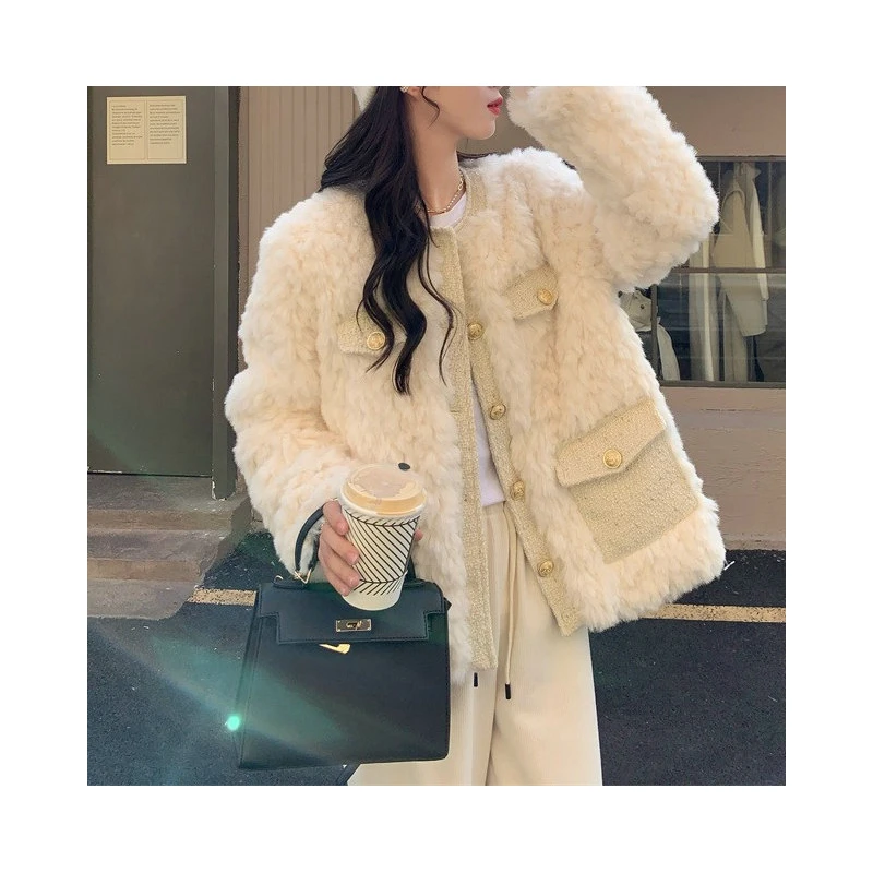 

Женское высококачественное пальто из овечьей шерсти с мехом, теплое, осенне-зимнее, модное, нежное, в корейском стиле, верхняя одежда
