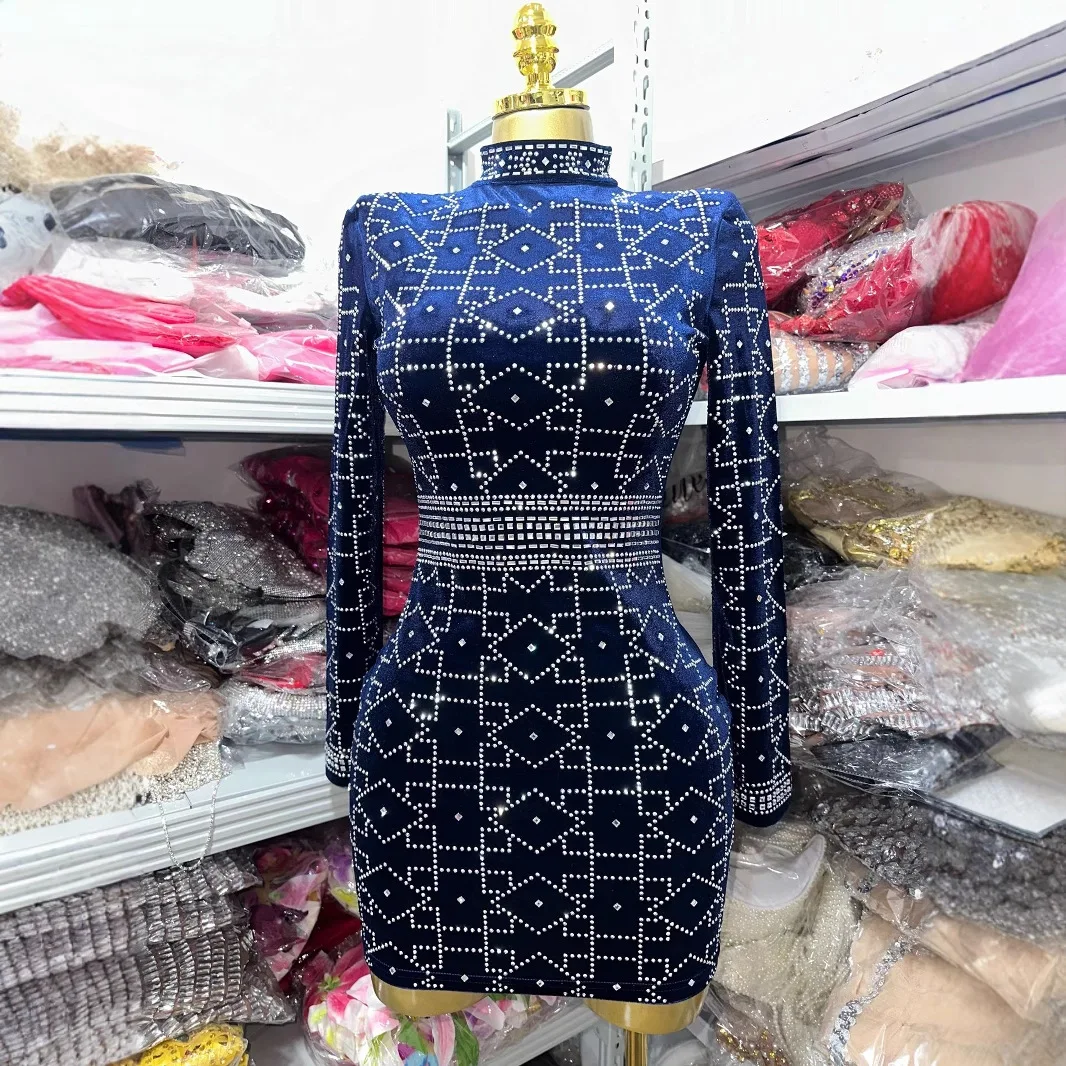 Femmes élégant luxe bleu Royal velours perles à manches longues perles moulante Mini robe haute rue bureau dames robes quotidiennes