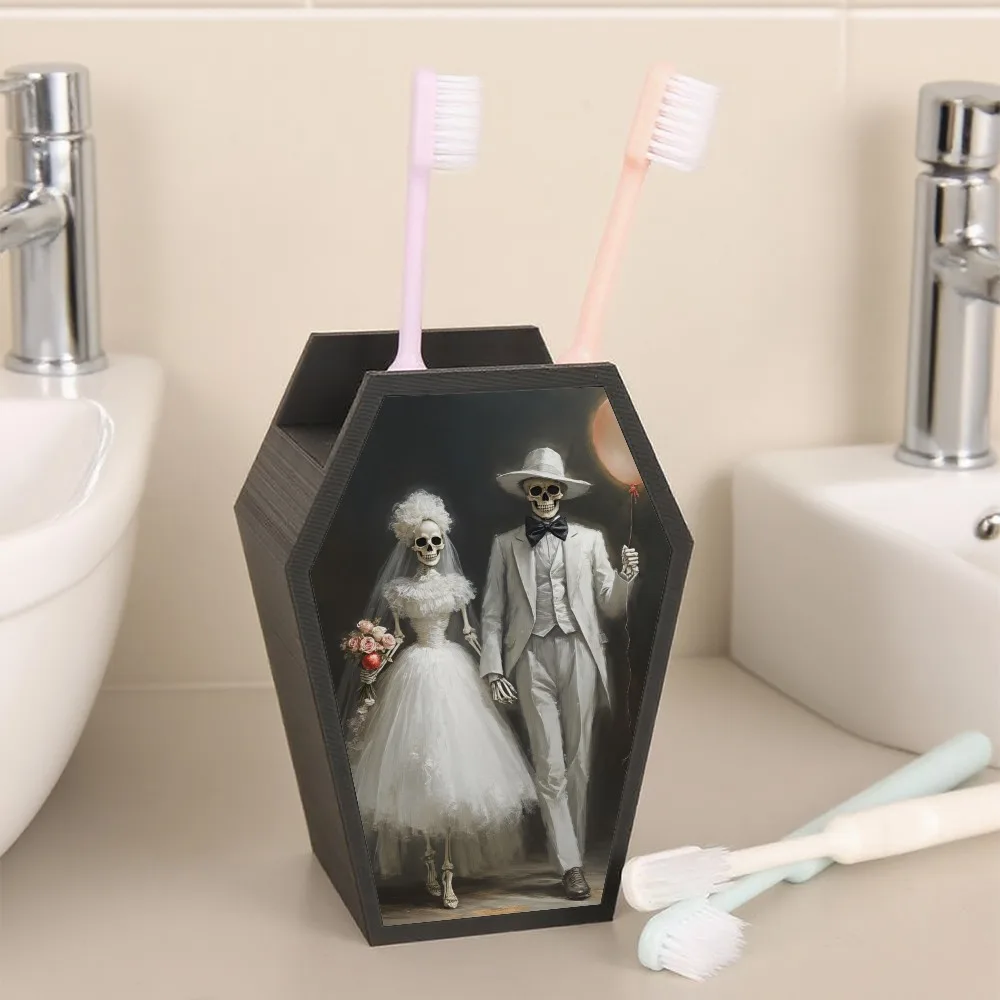 Cross-border Gothic Coffin Shaped Toothbrush Holder With Skeleton Bride And Groom Print, Multi-grid Bathroom Sink Toothpaste Too