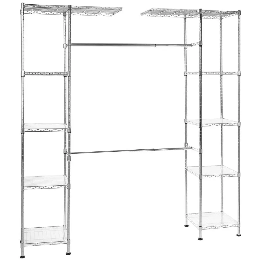 

Basics Expandable Adjustable Metal Hanging Storage Organizer Rack Wardrobe with Shelves, 5780 x 14 x 72 inches LxWxH, Chrome