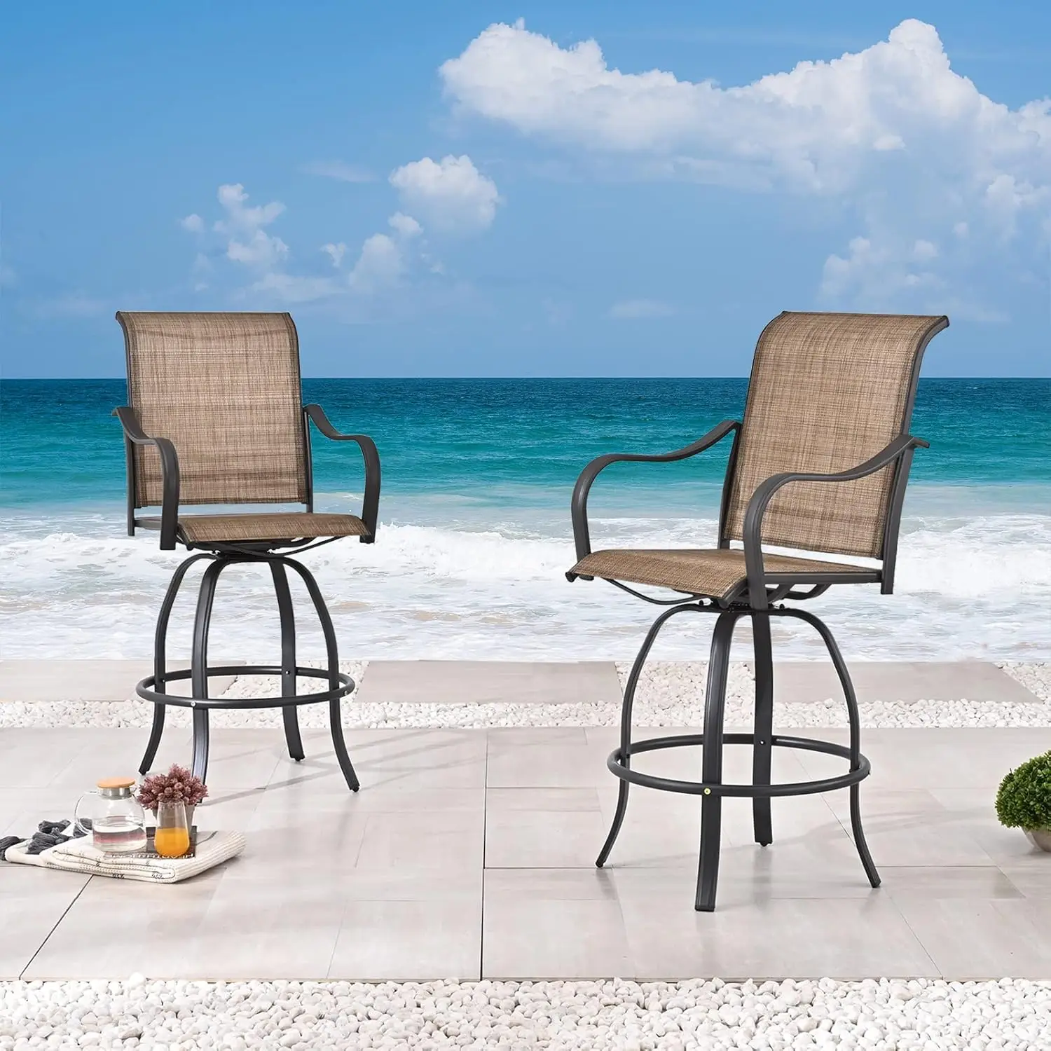 

2Pcs Bar Height Stools Textilene Fabric High Back Swivel Chairs Patio Dining Chairs Metal Outdoor Furniture For Bistro Lawn