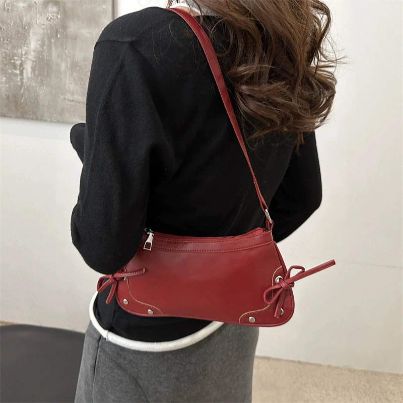 New Armpit Bag Trendy Shoulder Bag Sweet Double Bow Handbag Women's Bag Retro Simple Fashion Armpit Bags