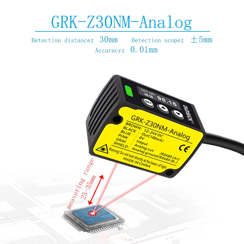 

30mm Analog output NPN Measuring thickness with laser ranging sensor accuracy of 0.01mm laser displacement sensor