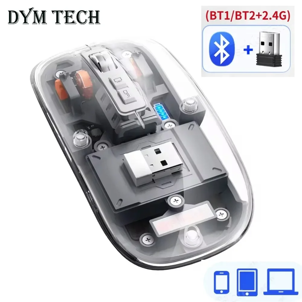 3 Modes Wireless Bluetooth Transparent Gaming Mouse DPI Adjustable Rechargeable Battery Display Silent Mice for PC ipad Laptop