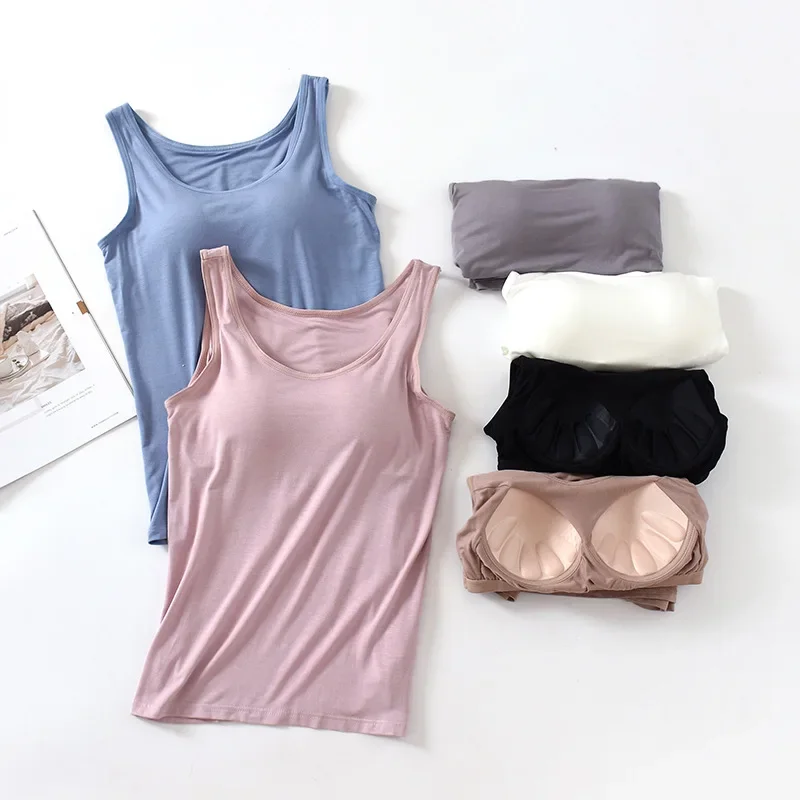 

Spring Summer Modal Women Padded Soft Casual Bra Tank Top Female Spaghetti Cami Top Vest Solid Camisole with Bra Underwear 2024