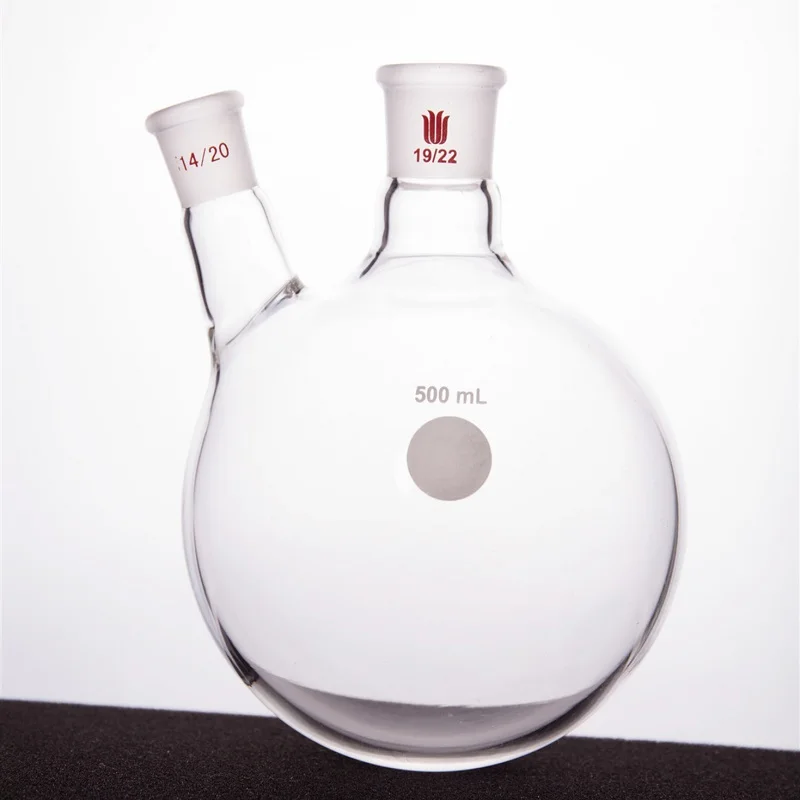 SYNTHWARE Thick walled slanted two necked bottle, Two-necked flask oblique shape, Capacity 500mL, Borosilicate glass, F41