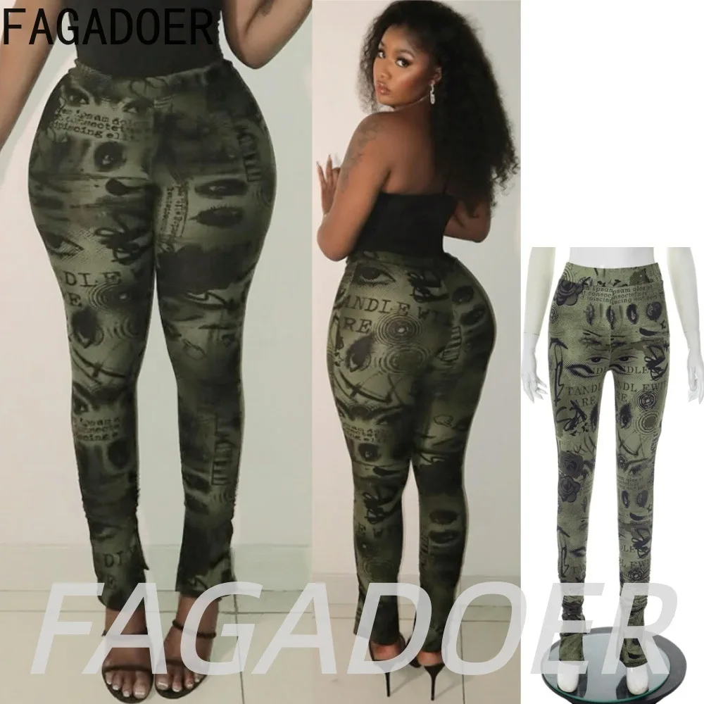 FAGADOER Fashion Abstract Letter Print Pants Y2K Cool Girl Sexy Green Ruched Slit Bodycon Pants Streetwear Party Club Bottoms