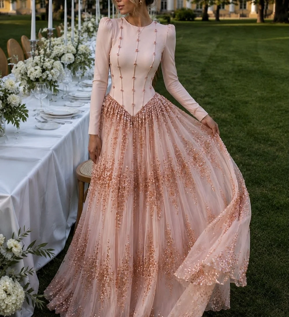 

Customized Luxury O-Neck Sparkle Wedding Party Dress for Banquet Pleat A-line Long Dresses Prom Dresses Elegant Formal Evening