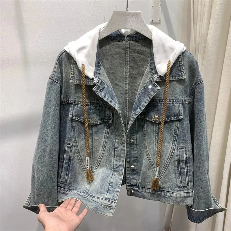 Falso duas jaqueta jeans com capuz feminino, manga comprida, tops curtos soltos de cowboy, casaco casual básico, roupas para primavera, outono, novo