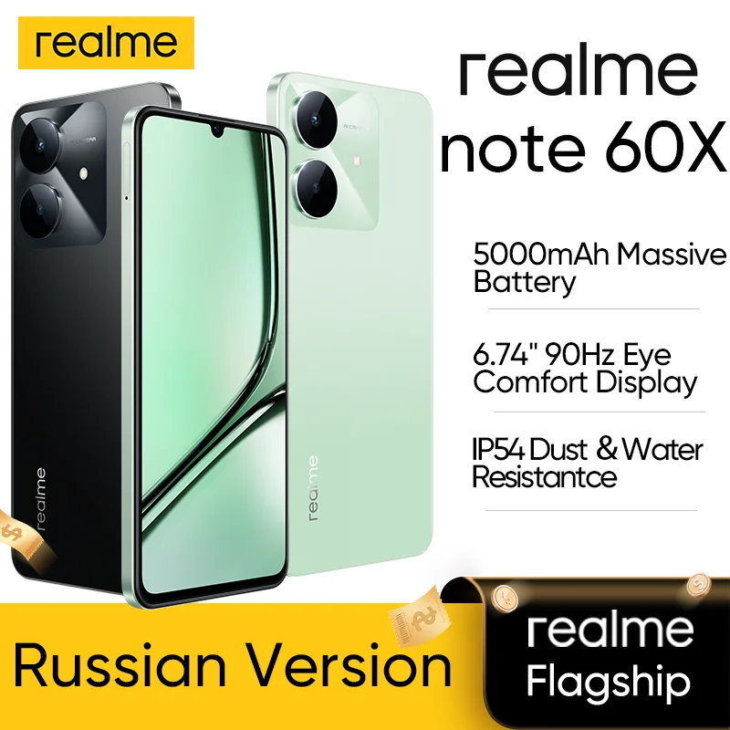 [New] realme Note 60x Smartphone Russian Version 5000mAh Battery 6.74'' 90Hz Display Powerful Octa-core Chipset IP54 3GB+64GB