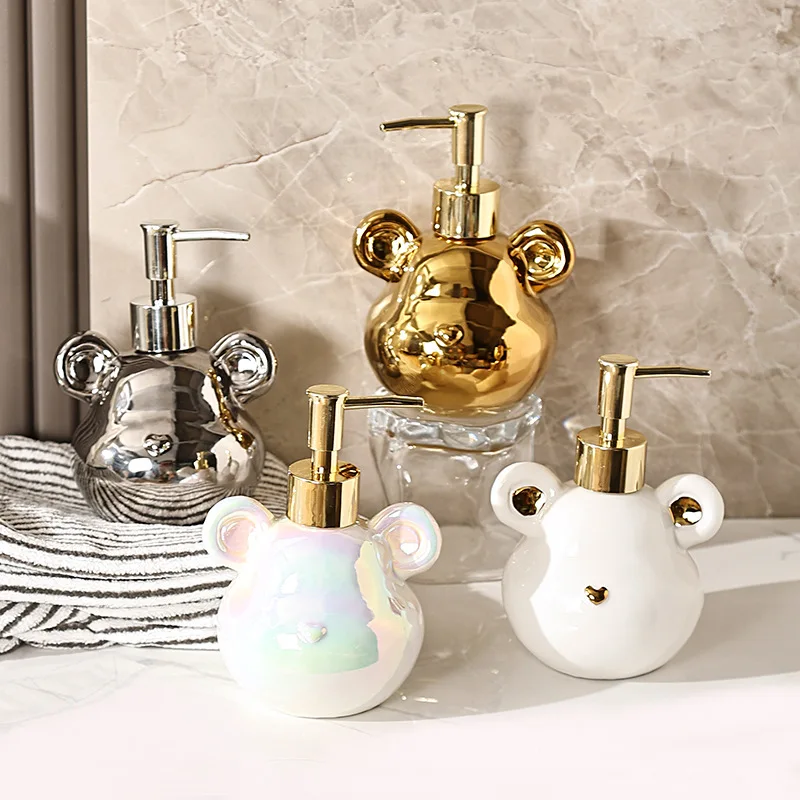 Luxury Bear Head Shape Ceramics Soap and Gel Dispenser Creative Golden Sliver Empty Shampoo Bottle Bathroom Storage Accessorie