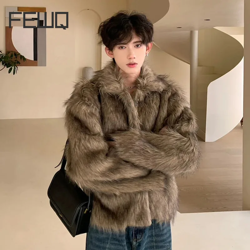 FEWQ Winter Men\'s Faux Fur Coat New Fashion Wool Sweater Jackets Short Trend Cotton Clothing 2023 Personality Streetwear 24X3189