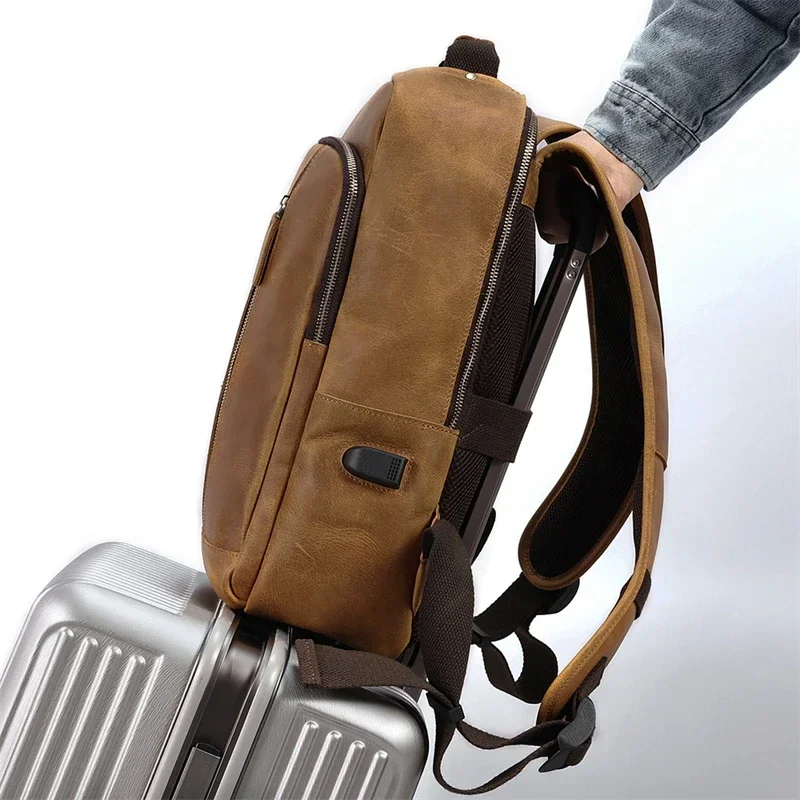 Brown A4 Thick Durable Top Grain Genuine Crazy Horse Leather 15.6\'\' Laptop Women Men\'s Backpack Male Travel Bag Vintage M6641