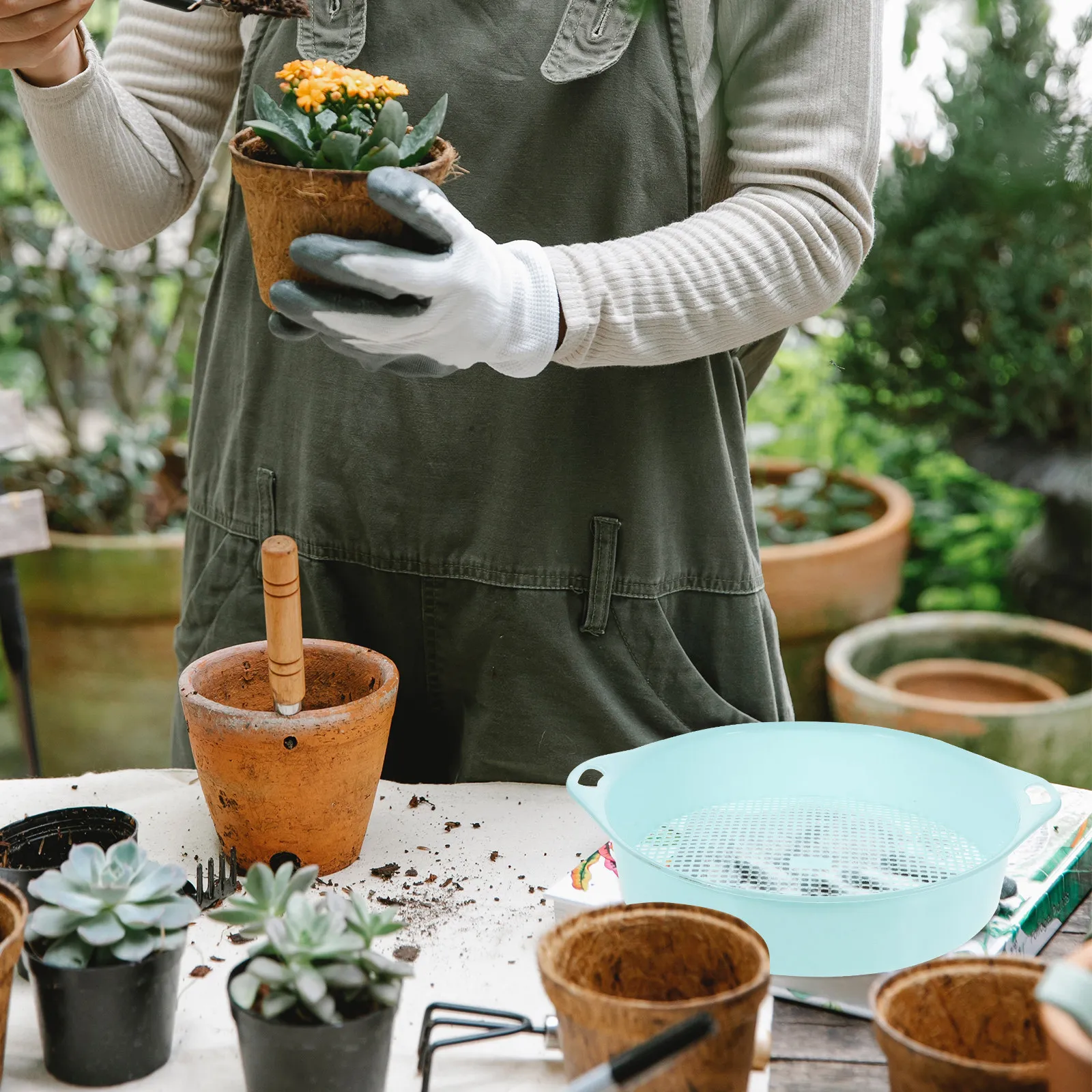 Plastic Garden Sieve Blue Handle Soil Stone Mesh Riddle Plastic Sieve Gardening Tool Balcony Mini Garden Soil Sifter