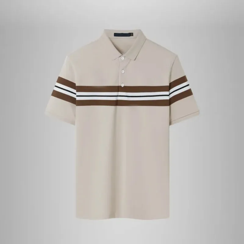 Men Luxury Horizontal Stripe Turn Down Collar Polo Shirt Ice Silk Breathable Short Sleeve Summer Business Casual Tops S-5XL