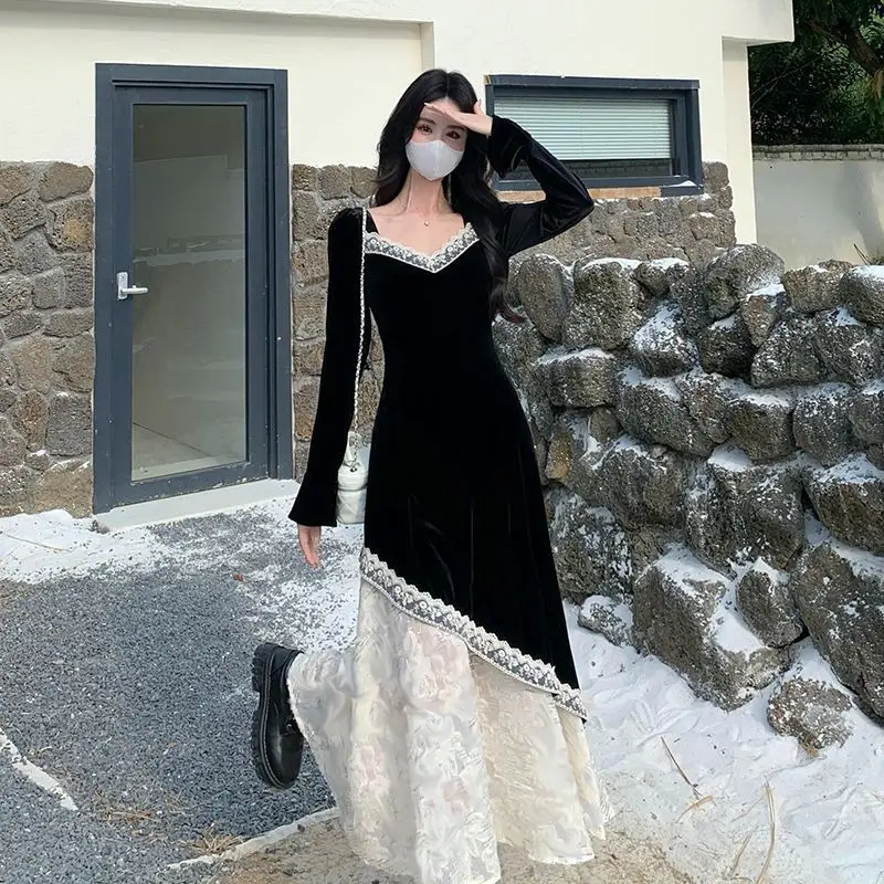 

Модная повседневная женская юбка-миди Hebe Sle в стиле ретро с кружевными вставками из черного бархата, осенне-зимняя, А-силуэт