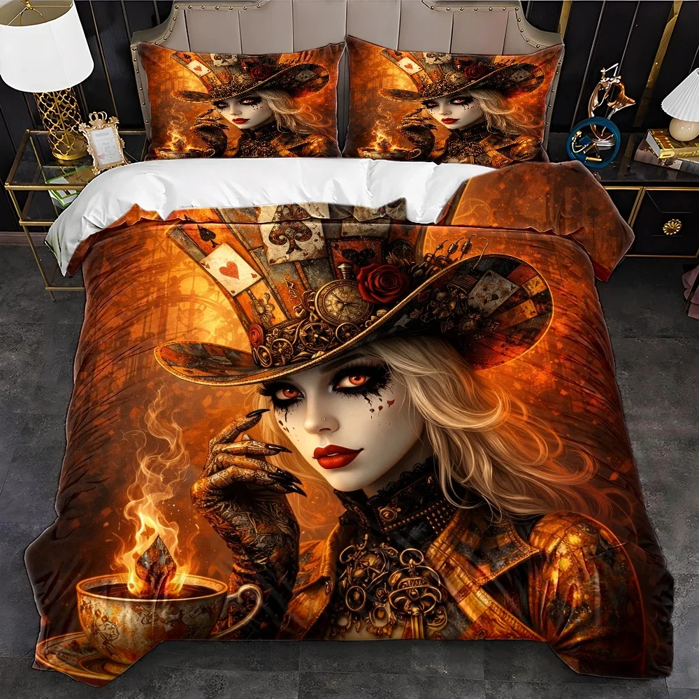 3Pc Steampunk Mad Hatter Theme Duvet Cover Set, Three-Piece Bedding Set (1 Duvet Cover + 2 Pillowcases), Suitable for All Seasons, Machine Washable, Invisible Zipper Double Bed Cover Set, Vintage Poker Rose Gear Print Bedding, Suitable for Home, Dormitory, Master Bedroom, Guest Room, Large Duvet Cover Available, Gothic Style Art Bedding Set, Trendy Steampunk Bedroom Bedding Set, Easy to Clean and Durable Bedding Set