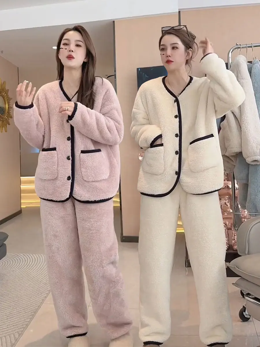 

Женская пижама из кораллового флиса, утепленная, свободного кроя, домашняя одежда, комплект из двух предметов, осенне-зимняя мода, корейский стиль