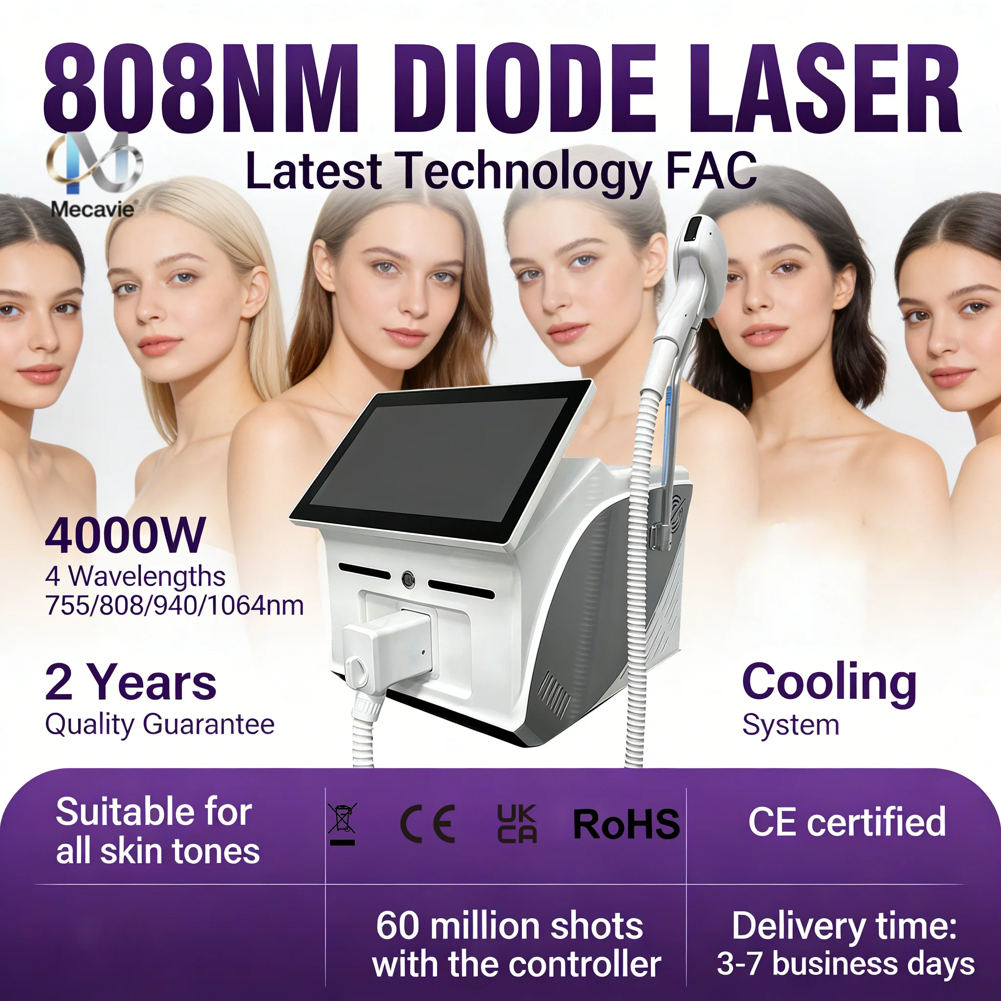 

2026 NEW Technology 4000W Diode Laser Hair Removal Device 4 Wavelength 808nm Portable Alexandrite for Permanent Hair Reduction