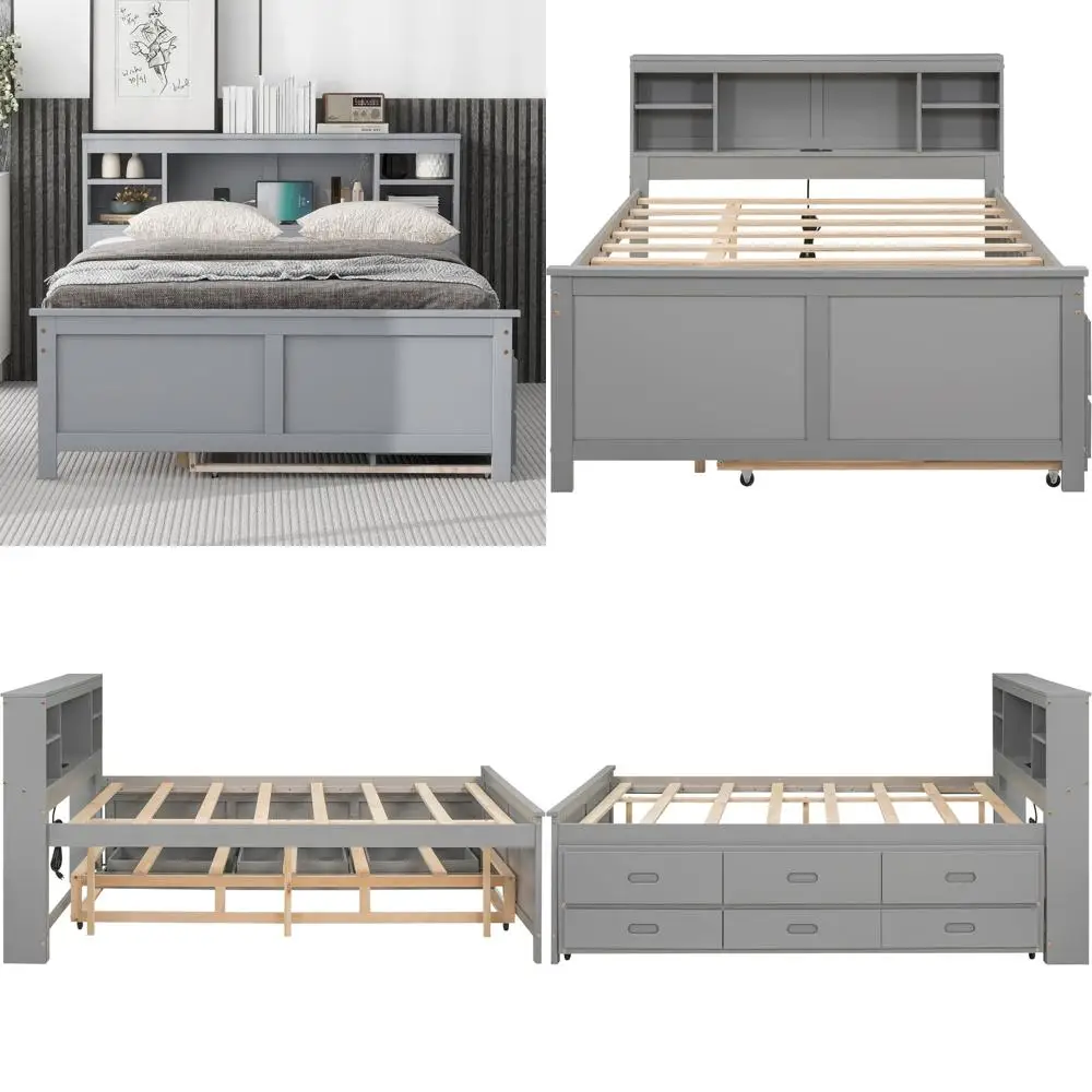 

Полноразмерная кровать-платформа с местом для хранения, 2 USB-портами, выдвижным спальным местом, 3 ящиками, серая