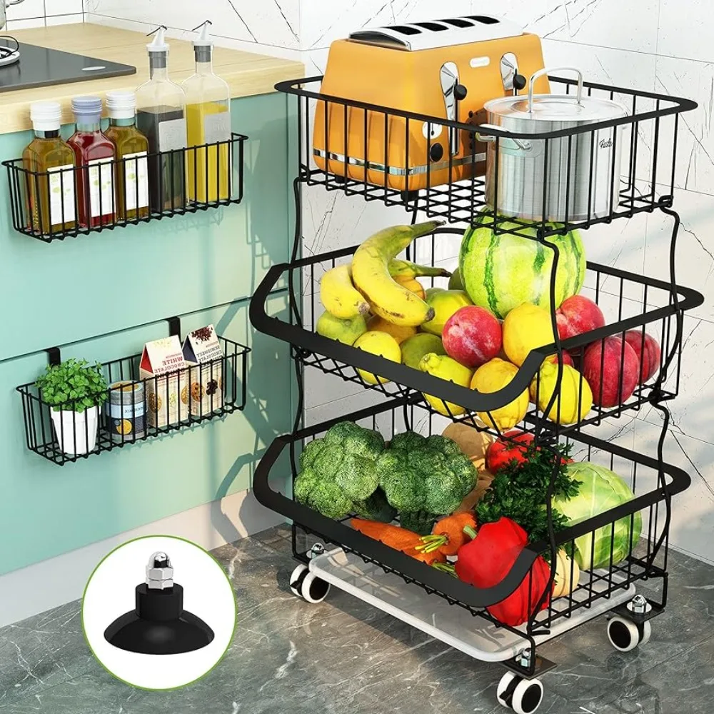 1Easylife Fruit Vegetable Basket, 3 Tier Stackable Metal Wire Basket Cart Rolling Wheels, Utility Rack Kitchen, 2 Free Baskets