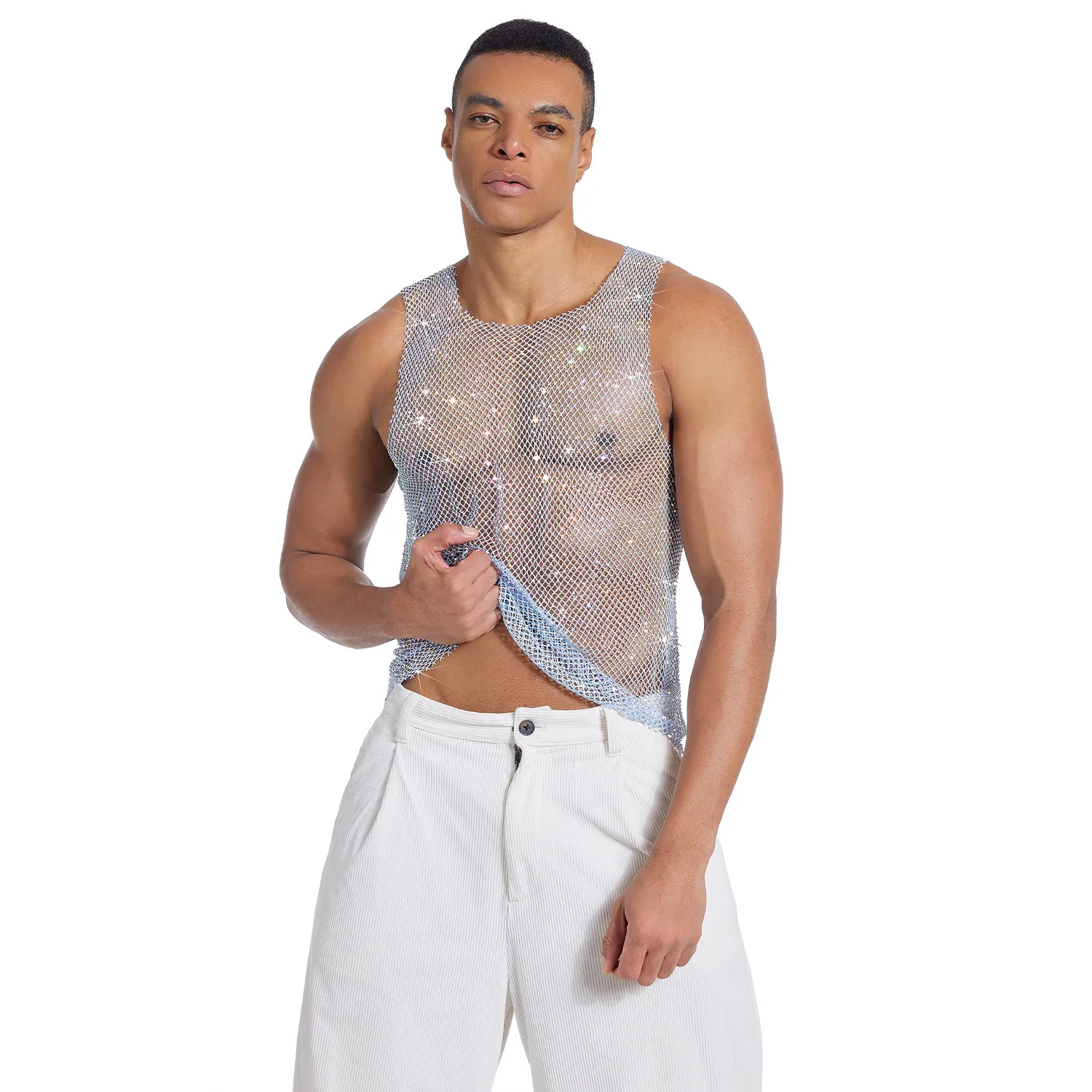 

Fashion Halloween Cosplay Sexy Body Fishnet Bodysuit Diamonds Rhinestone Lingerie Vest Party Nightclub Sparkling Top Men