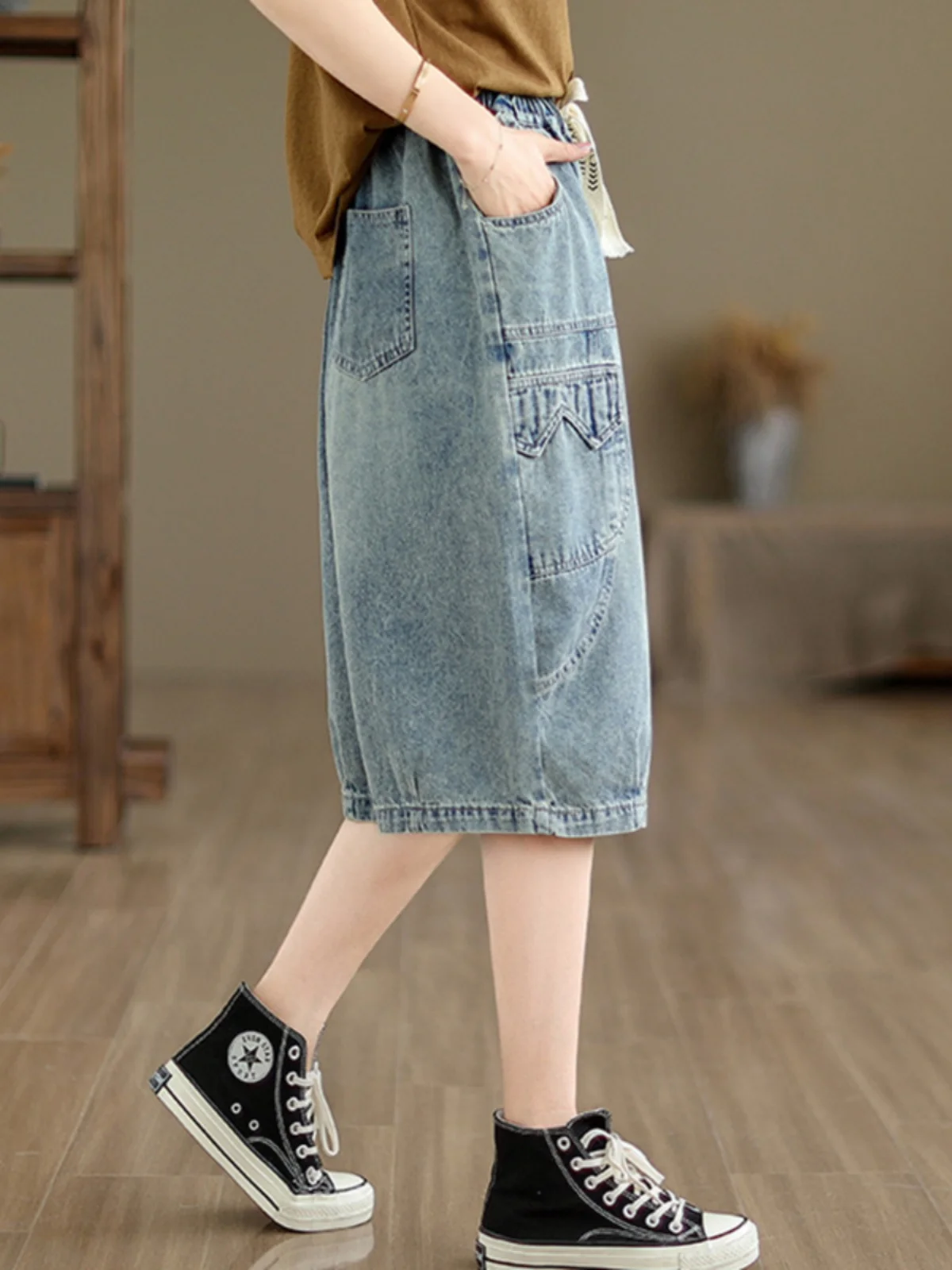 جينز فضفاض واسع الساق للنساء صيفي رقيق كاجوال عالي الخصر سبعة أقدام جينز مريح مستقيم الساق