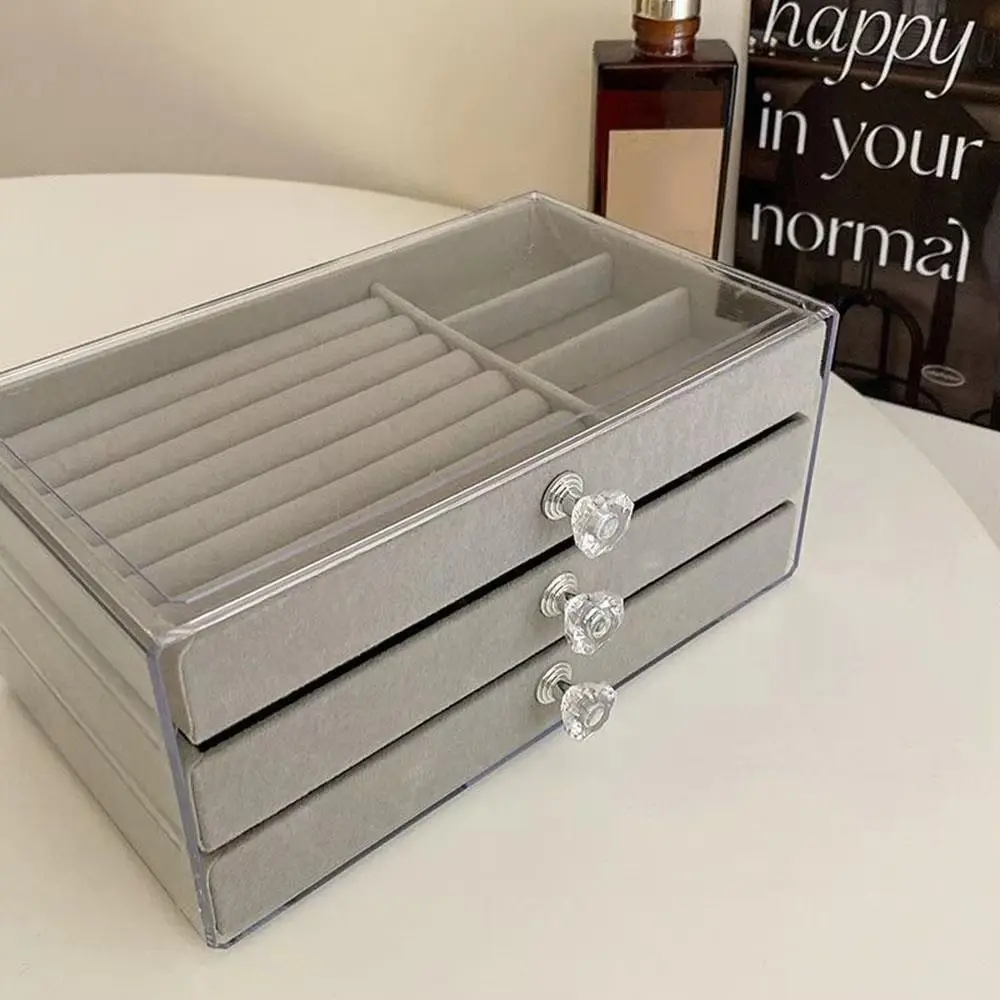 

High-Capacity Flannel Jewelry Box 3-Layer Acrylic Earrings Necklaces Storage Transparent Oxidation-resistant