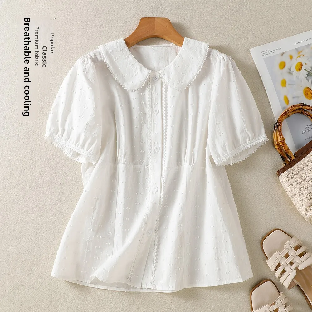 

Summer New Korean Style Embroidered Cotton Linen Doll Collar Open Cardigan Anti Aging Shirt Women White T Shirt Breathable Sk...