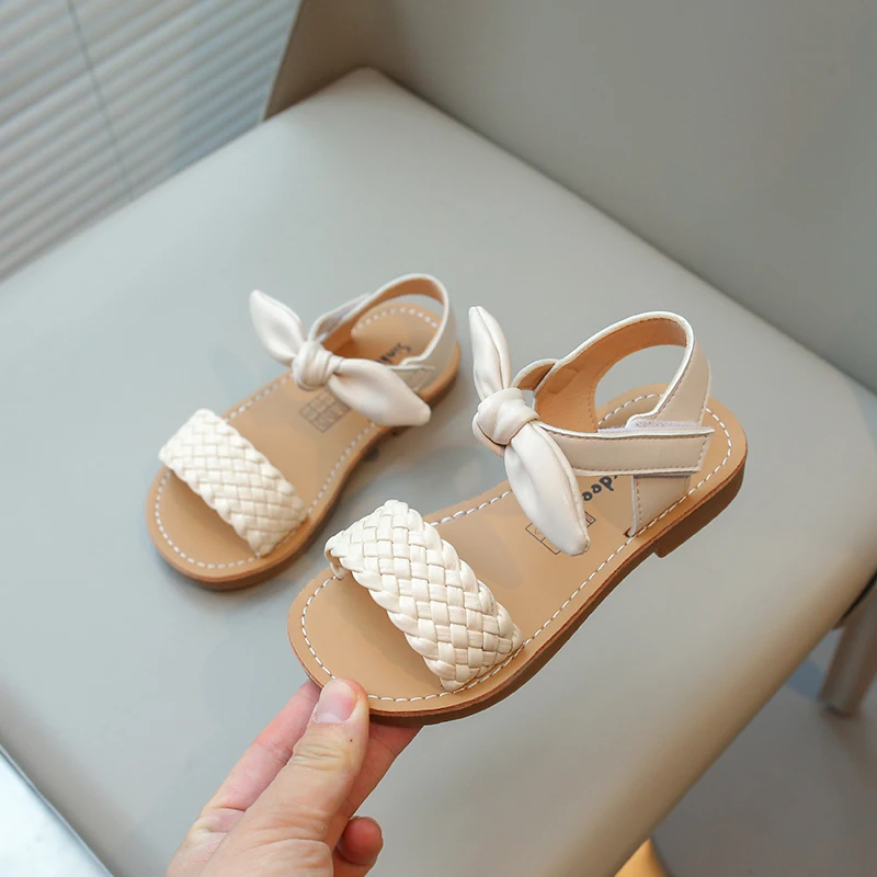 Summer Solid Color Bow Princess Round Head Beach Casual Comfortable Sandals Children\'s  Kids Elegant Student Flat Bottom