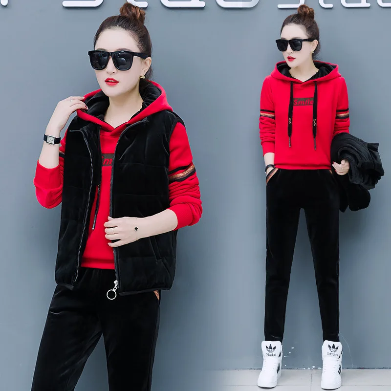 Winter Thick Velour Women Sport Suit Warm Hoodie Sweatshirt+pant+jacket Casual Jogger Running Outfit Set Sportswear Tracksuit