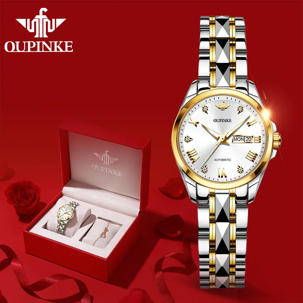 OUPINKE 3171 Women Watch Original Luxury Tungsten Mechanical Watch 50M Waterproof Luminous Watches For Women Dual Calendar