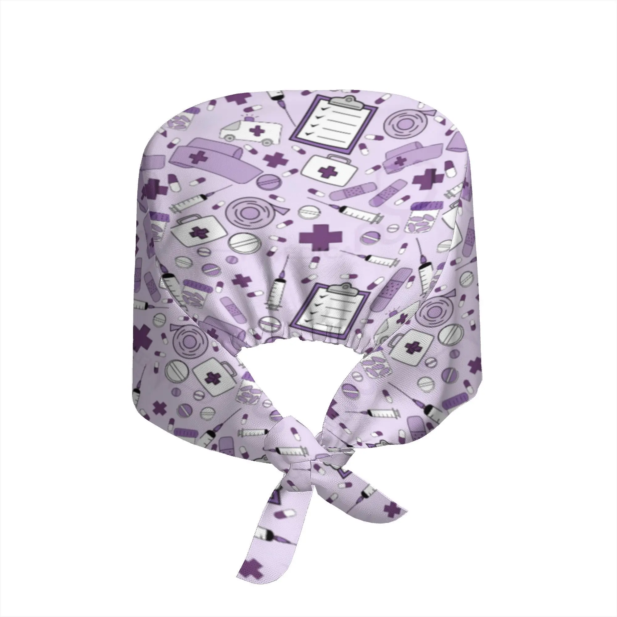 Purple Medical Element Print Scrub Cap Cute Cross Syringe Pill Pattern Hat Adjustable Tie‑back Work Cap for Nurses