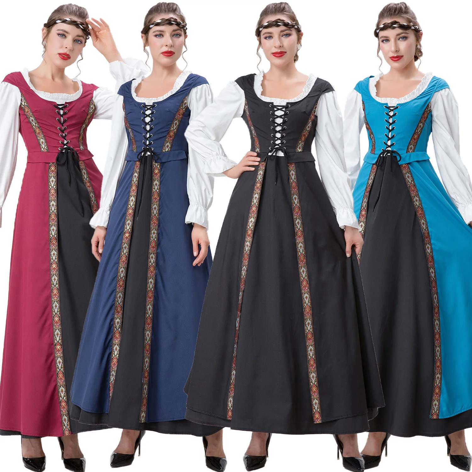 

Хэллоуин Новый Sle Средневековый Ренессанс Длинный Dr Комплект из двух предметов Юбка с квадратным воротником и застежкой на талии Полиэстер Материал