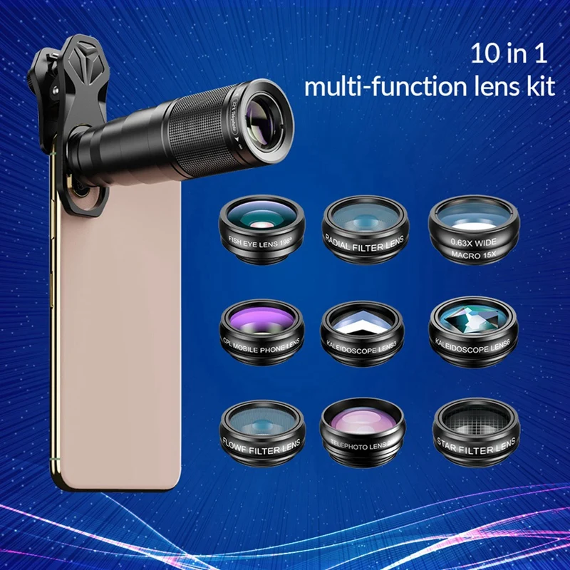 10 In 1 Mobile Phone Lens Kit 22X Telephoto Lens Fisheye Lens+Wide Angle Macro Lens+CPL Filters For All Smartphones