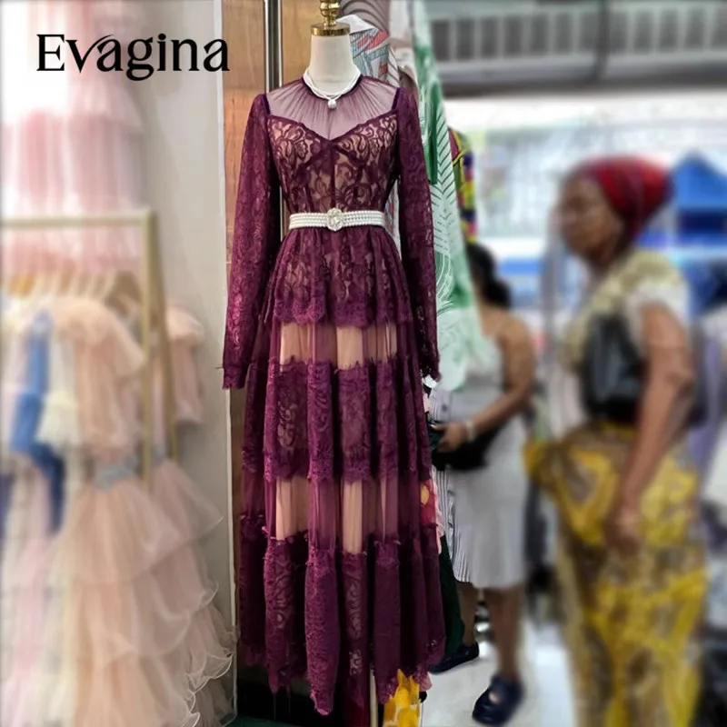 Evagina New Fashion Runway Designer Women's New Round Neck Long Sleeve Fall/Winter Lace Mesh Retro Style Dress