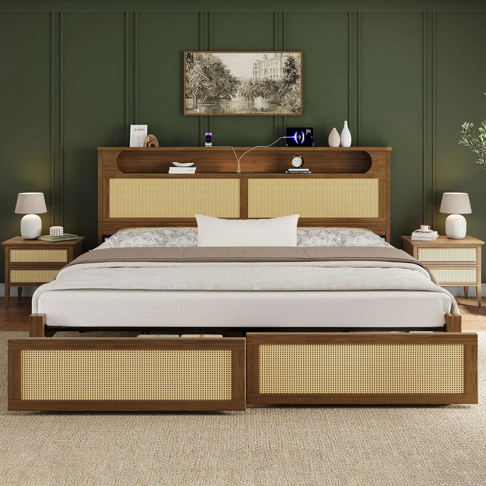 Queen Size Rattan Bed Frame with 2 Storage Drawers, Wood Bed, Brown | Platform Bed with Storage Headboard, Reading