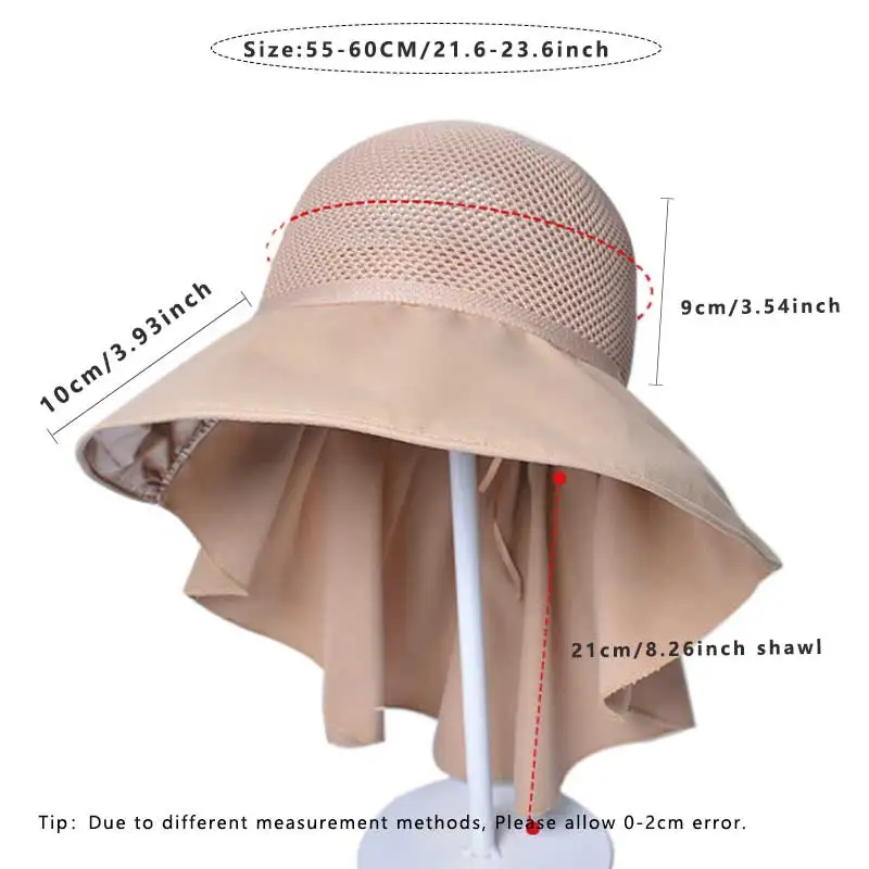 Summer Women Bucket Hat with Shawl Breathable Beach Sun Cap Large Bowknot Ladies Wide Brim Face Neck Protection Visor Hat