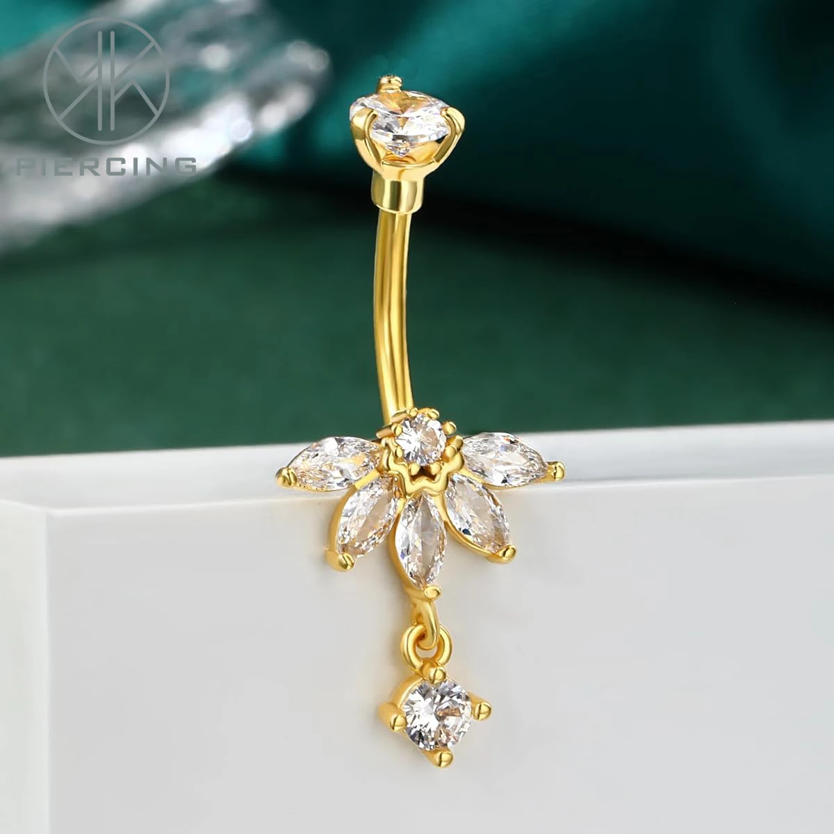 Lotus-design CZ Belly Button Rings 14G Dangle Belly Navel Rings for Women Stainless Steel Belly Navel Piercing Jewelry