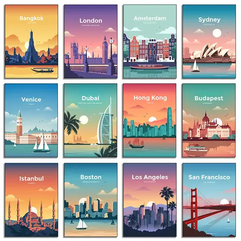 World City Travel Paris Venice Sydney Dubai Boston London Amsterdam Wall Art Canvas Painting Posters Prints Wall For Room Decor